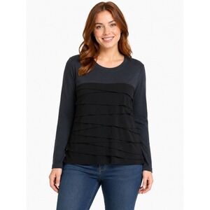 Tribeca Studio Black Ruffle Front Long‎ Sleeve Crew Neck Top XL Minimalist